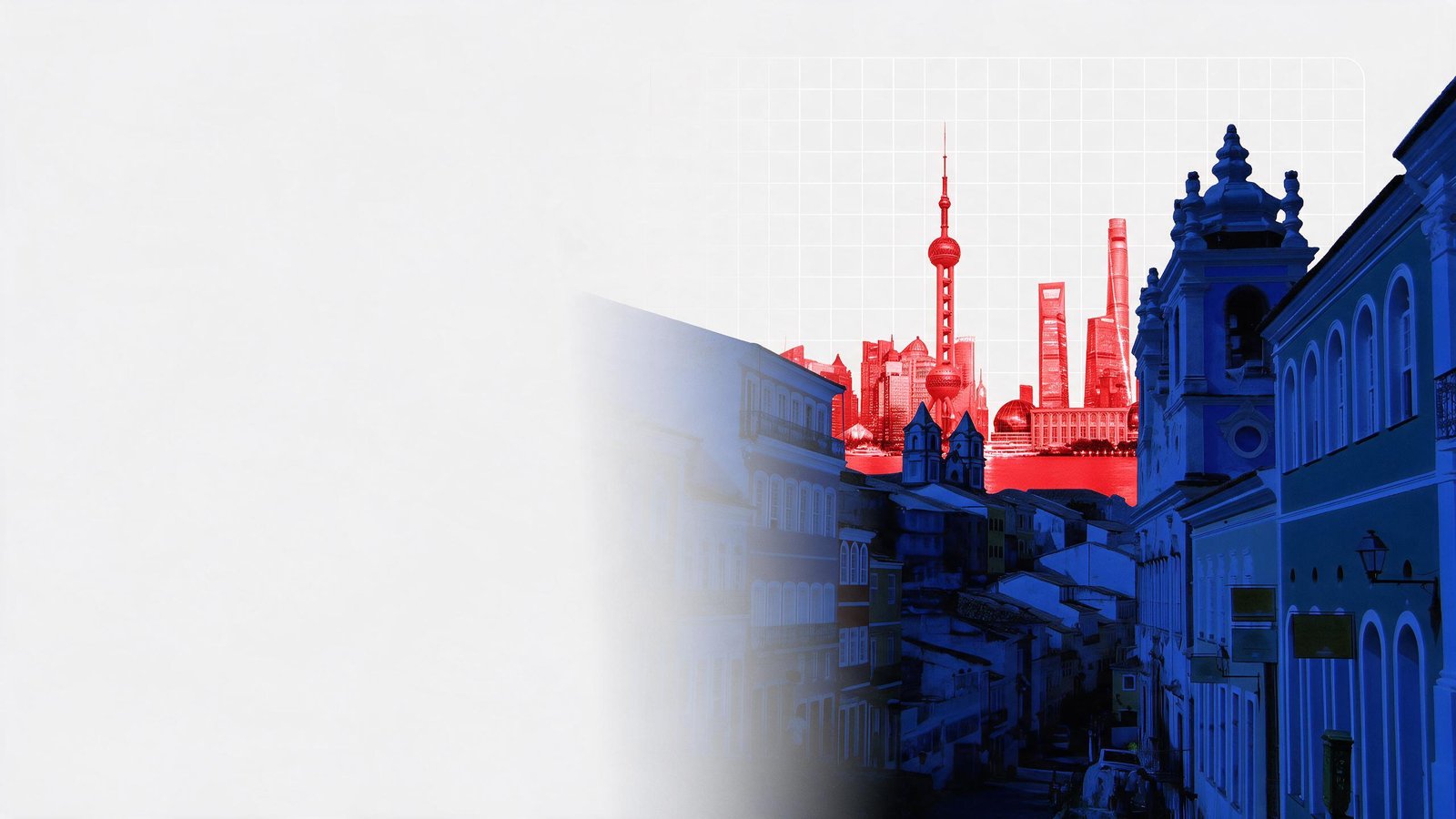 Composição com o skyline de Xangai e a arquitetura colonial de Salvador, representando a cooperação Brasil-China